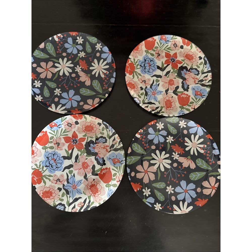 TMD Retail Pink Blue Red Glass Floral 10" Dinner Plates Set of 4